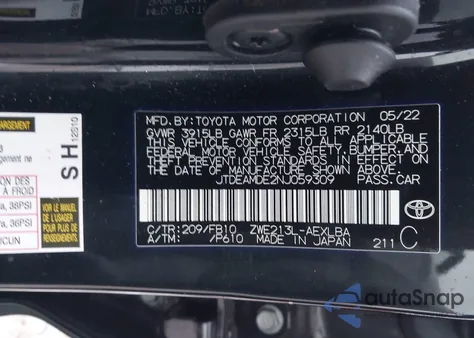 2022 Toyota Corolla Hybrid Le z USA, uszkodzony, nr VIN JTDEAMDE2NJ059309